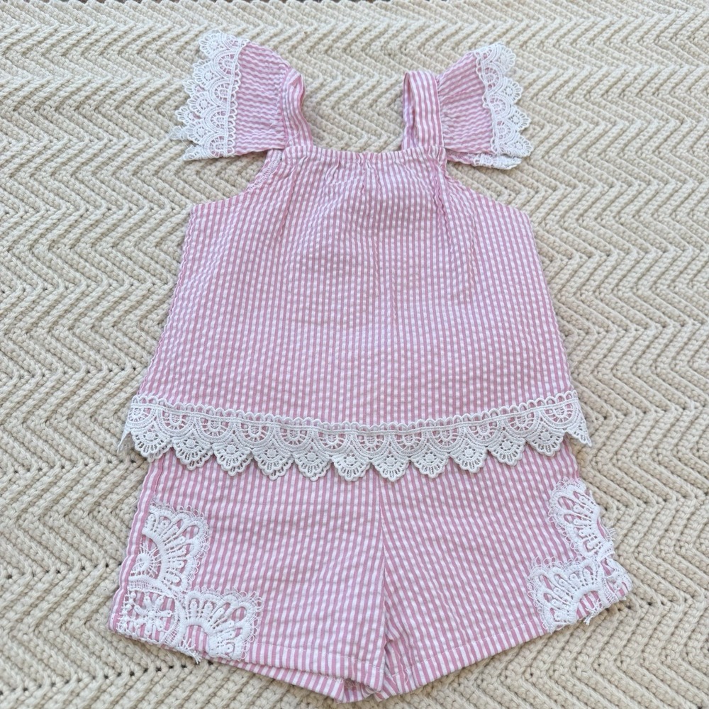 Rare Editions Pink Striped Eyelet Ruffle Outfit 24 Months Seersucker Shorts Tank